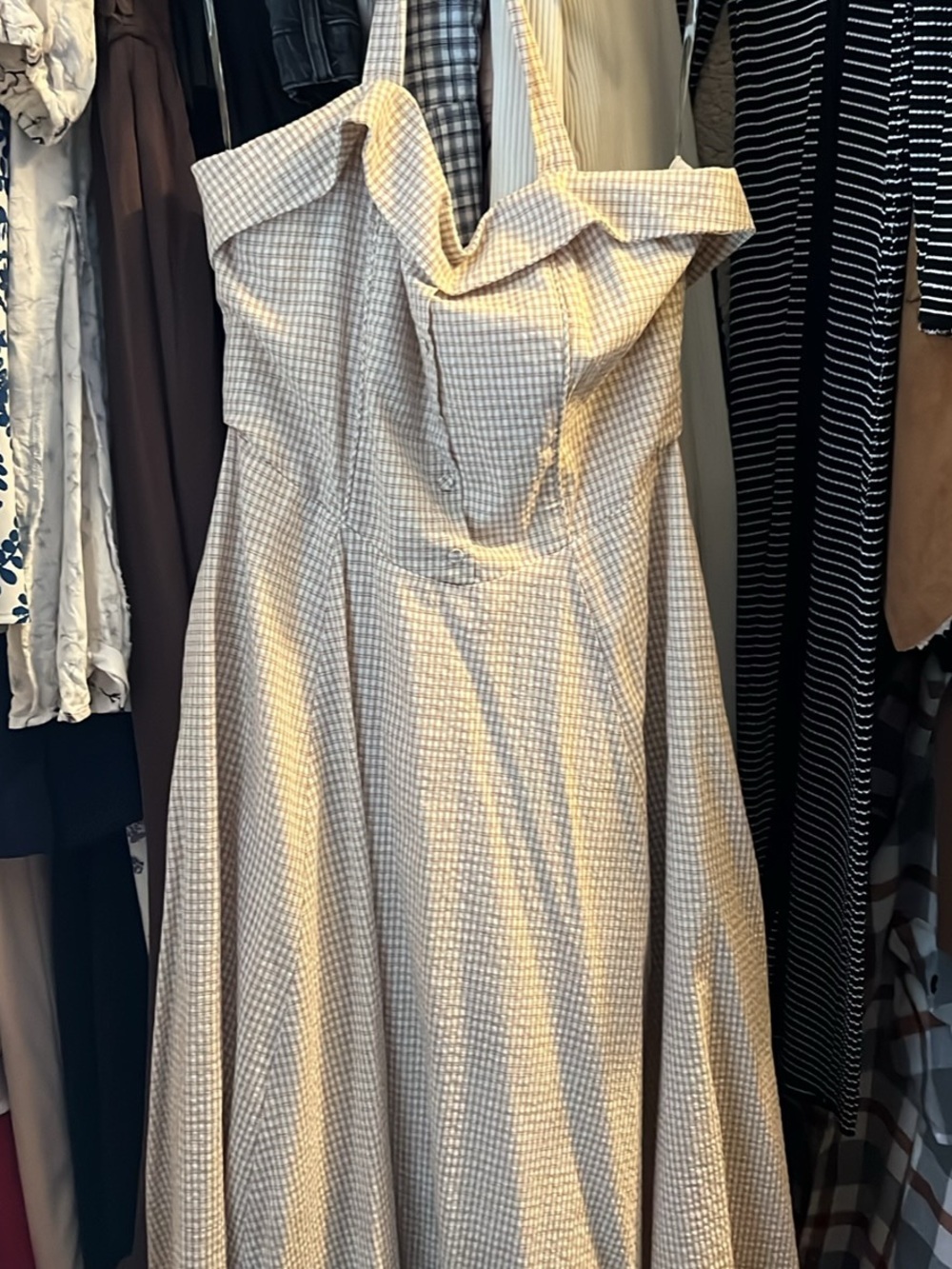 Blush Strapless Check Midi Dress in Cream and Tan